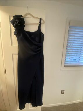 MSK Navy One-Shoulder Dress with Floral Ruffle